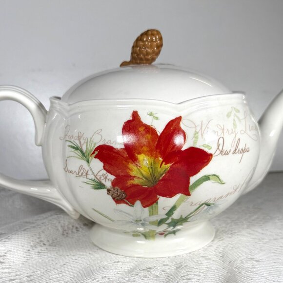 LENOX “Winter Meadow” Teapot & Pinecone Lid - Floral, Holly, Cursive Script, NEW - Picture 2 of 10